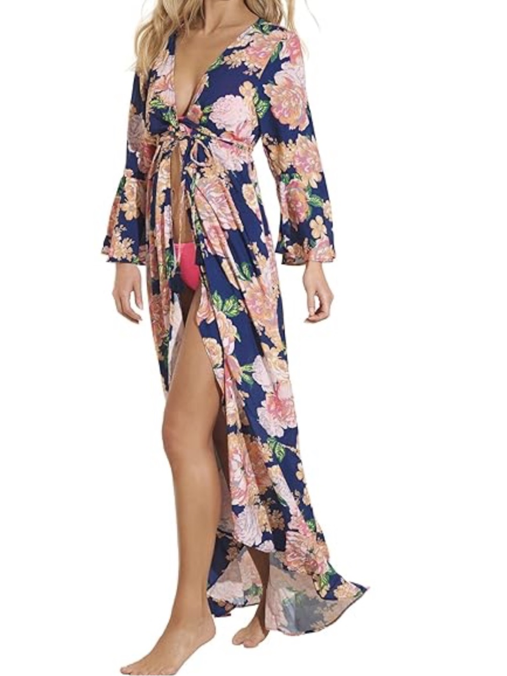 Maaji Navy Peony Lotus Maxi Kimono/ Beach Cover Up Dress Size L